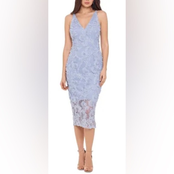 XSCAPE Womens Gray Zippered Lace Lined Sleeveless V Neck Midi Party Sheath Dress - Picture 1 of 10